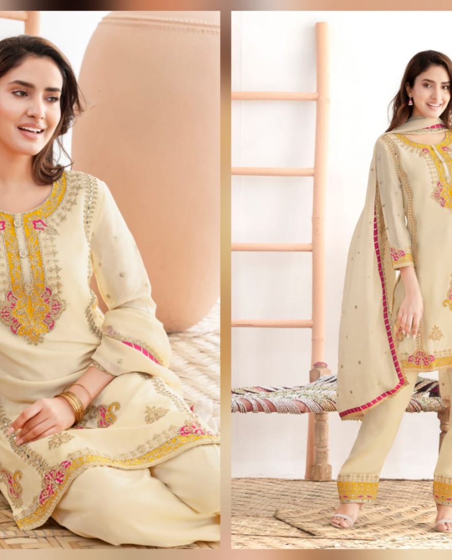 WHITE - Cream Embroidered Chinnon Pant Kameez for Festival